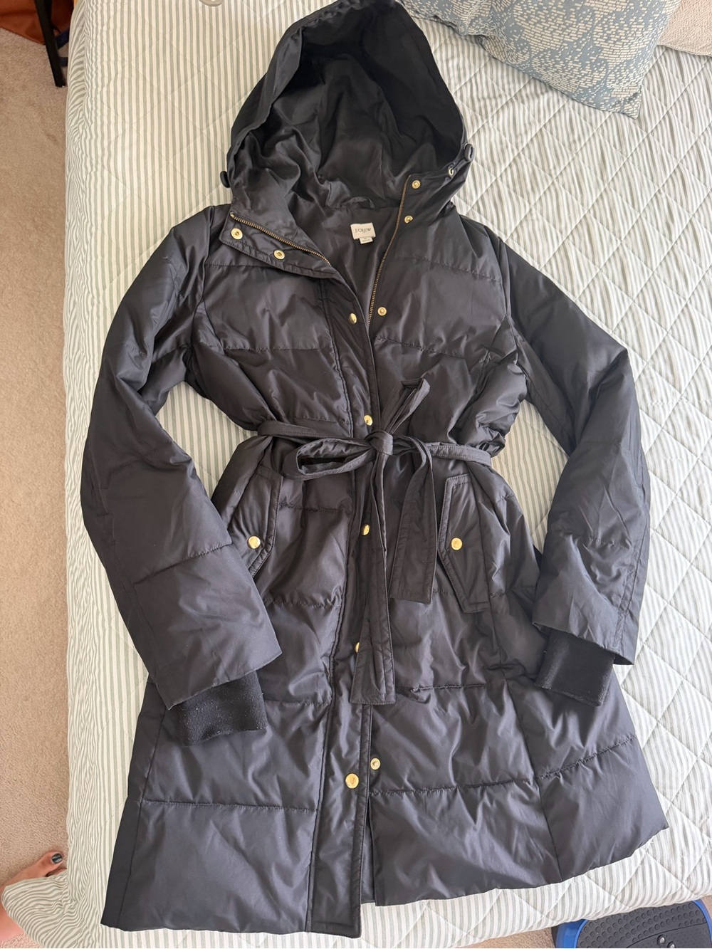 J. Crew Black Hooded Belted Puffer Coat with Gold Hardware